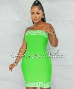 Chic Couture Online Rokka Green White Fret Print Strapless Bandage Dress