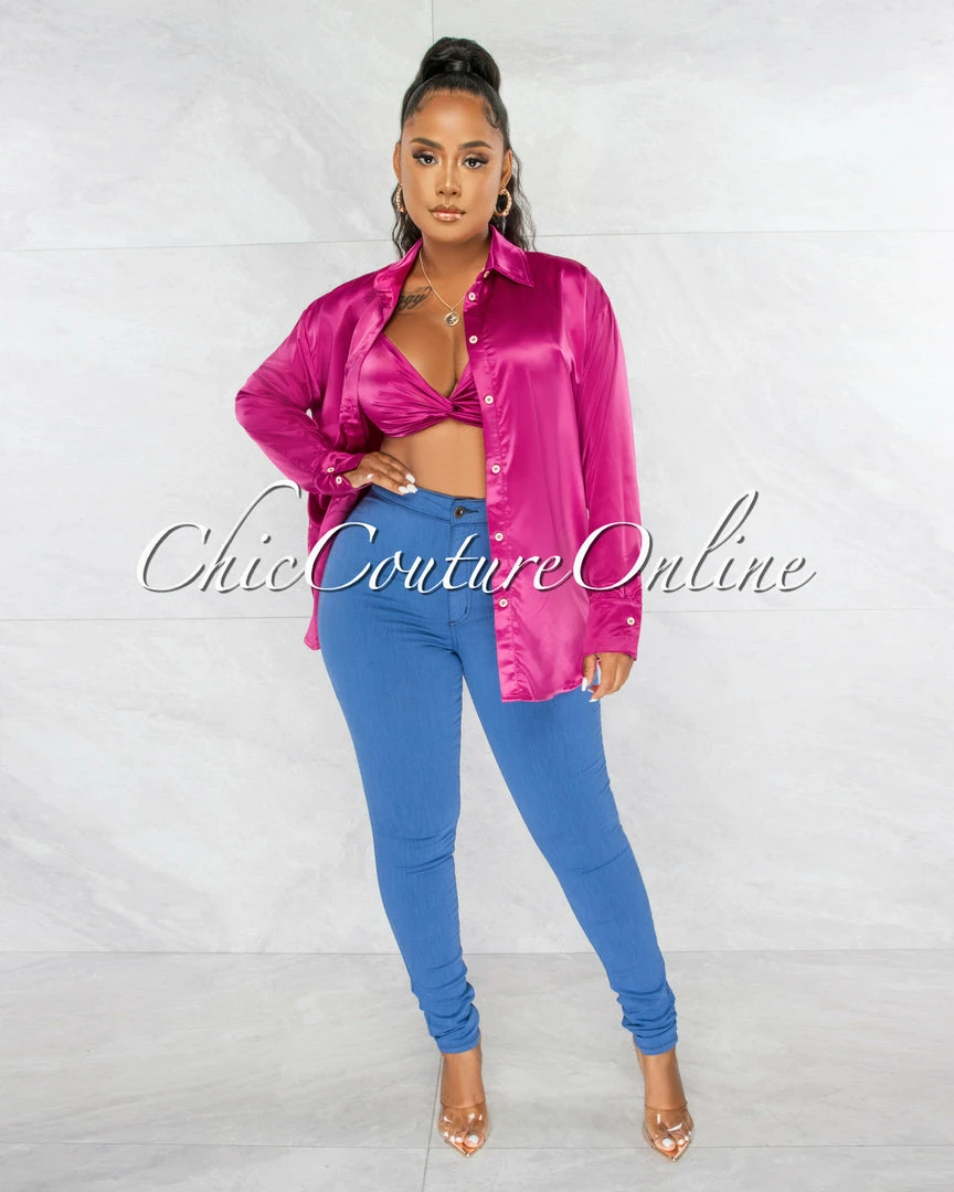 Chic Couture Online JUST IN Finlay Fuchsia Crop Torn Top & Blouse Set
