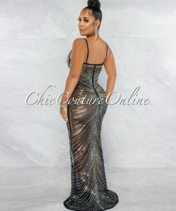 Chic Couture Online Narmada Black Mesh Sheer Rhinestones Maxi Dress