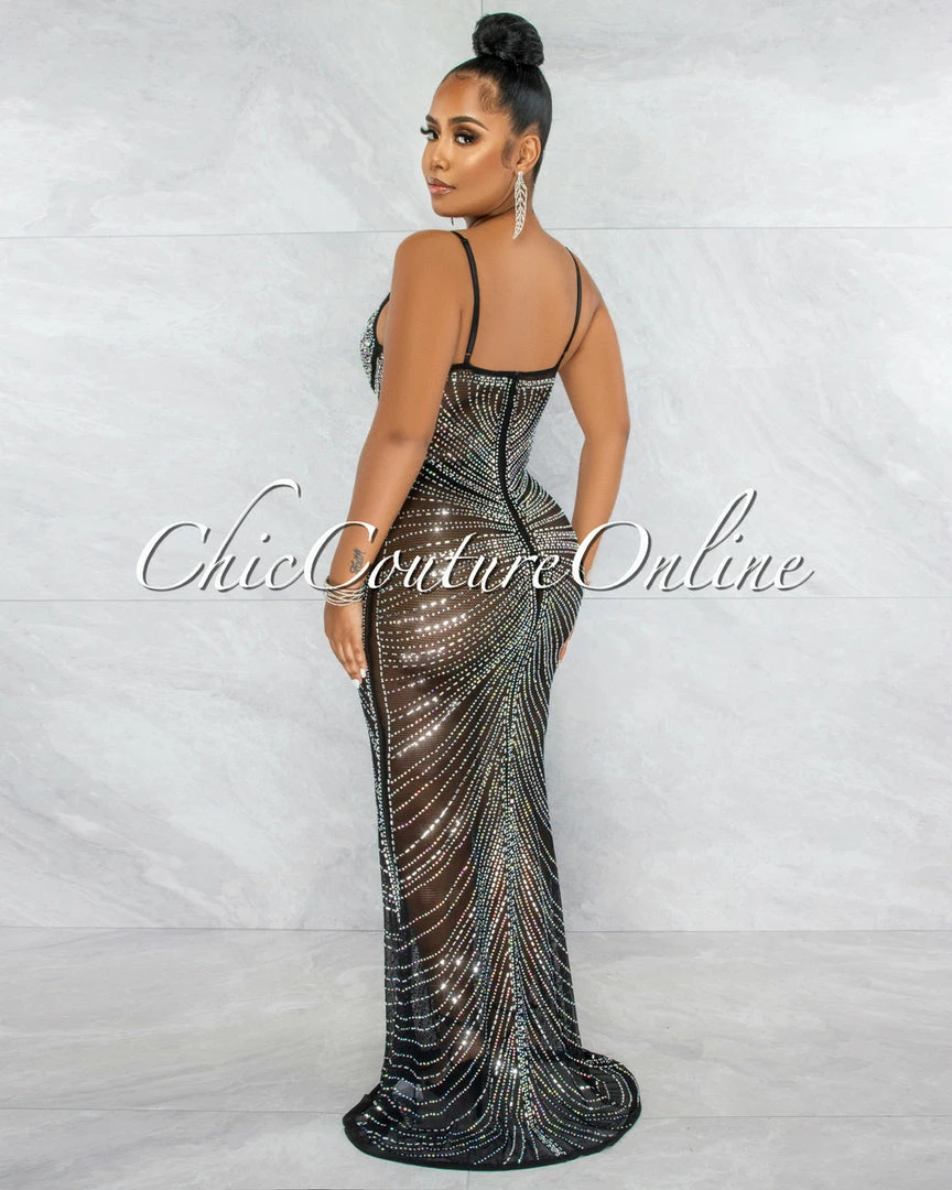 Chic Couture Online Narmada Black Mesh Sheer Rhinestones Maxi Dress