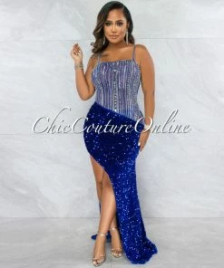 Vendor-unknown Castro Royal Blue Rhinestones Sequins Maxi Dress JUST IN