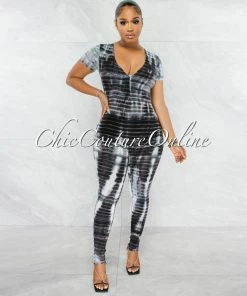 Chic Couture Online Maya Black White Tie-Dye Print V-Neck Jumpsuit
