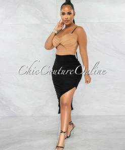 Vendor-unknown Tanny Black Nude Mesh Ruched Two-Tone Midi Dress