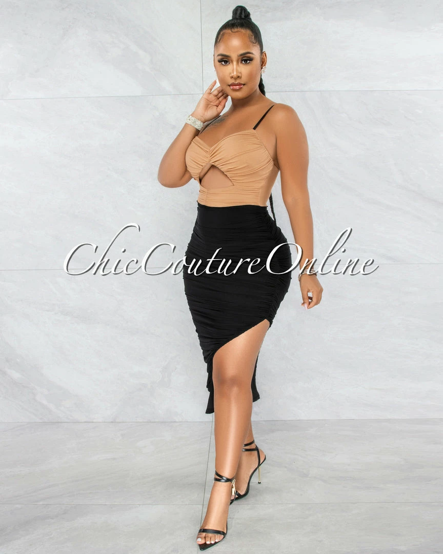 Vendor-unknown Tanny Black Nude Mesh Ruched Two-Tone Midi Dress