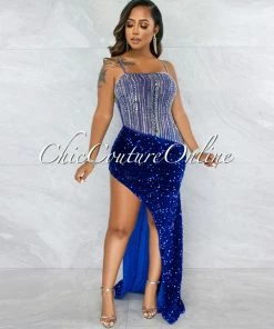 Vendor-unknown Castro Royal Blue Rhinestones Sequins Maxi Dress JUST IN