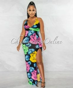 Chic Couture Online JUST IN Angelina Black Multi-Color Floral Maxi Dress