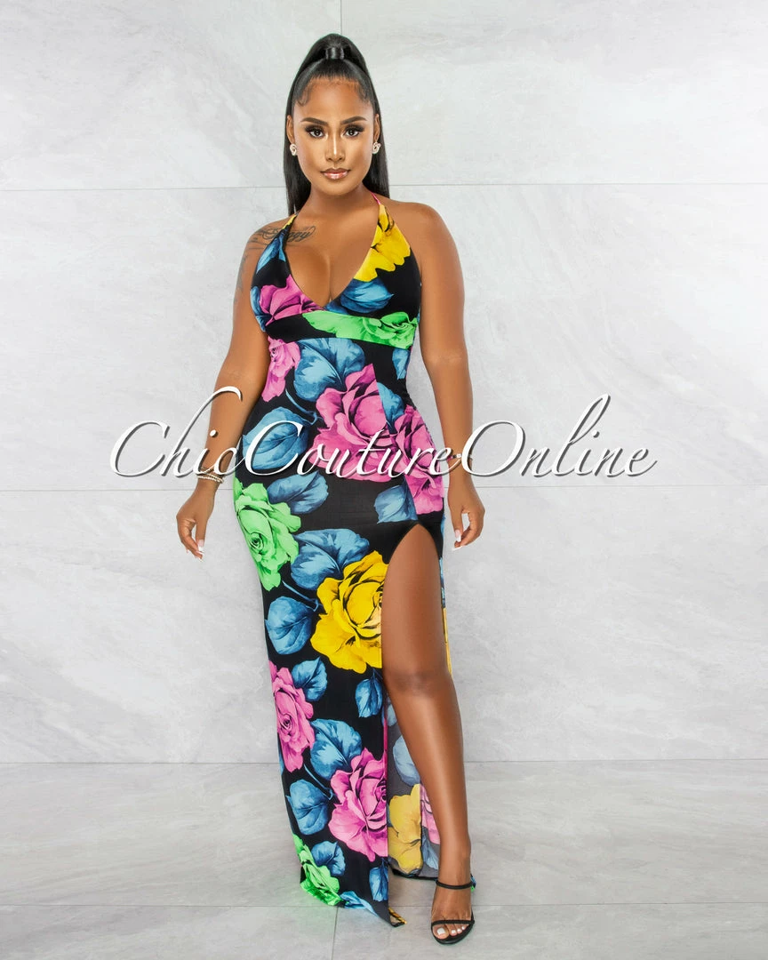 Chic Couture Online JUST IN Angelina Black Multi-Color Floral Maxi Dress