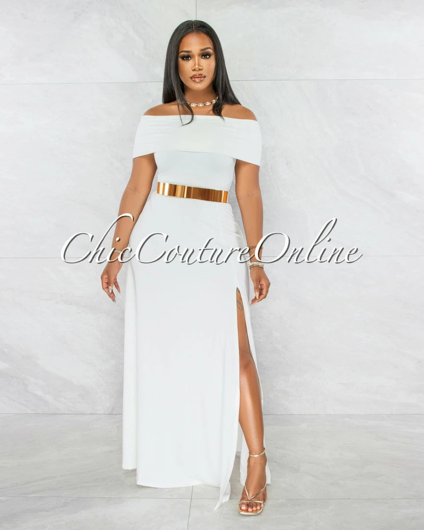 Vendor-unknown Brielle Off-White Off-The Shoulder Side Slit Maxi Dress