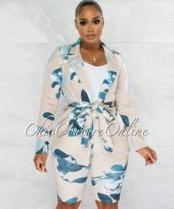 Chic Couture Online Luther Nude Green Leaf Print Blazer & Biker Shorts Set JUST IN