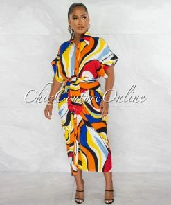 Chic Couture Online Angelie Multi-Color Print Draped Front Tie Shirt Maxi Dress JUST IN