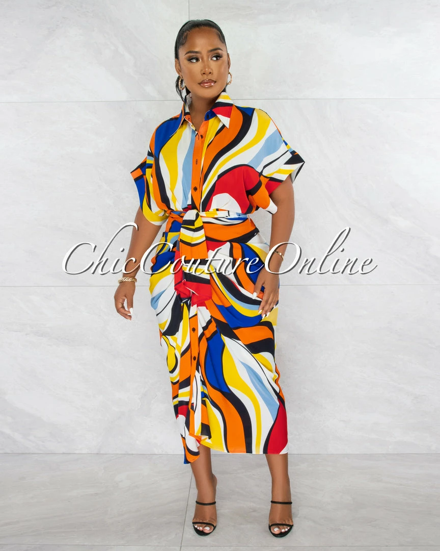 Chic Couture Online Angelie Multi-Color Print Draped Front Tie Shirt Maxi Dress JUST IN