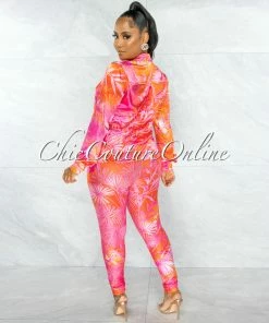 Chic Couture Online JUST IN Dabney Orange Palm Print Satin Shirt & Leggings Set