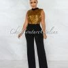 Vendor-unknown Medini Moroccan Gold Sequin Top Black Bottom Jumpsuit