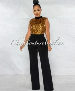 Vendor-unknown Medini Moroccan Gold Sequin Top Black Bottom Jumpsuit