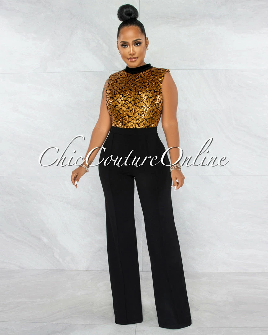 Vendor-unknown Medini Moroccan Gold Sequin Top Black Bottom Jumpsuit