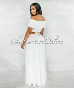 Vendor-unknown Brielle Off-White Off-The Shoulder Side Slit Maxi Dress