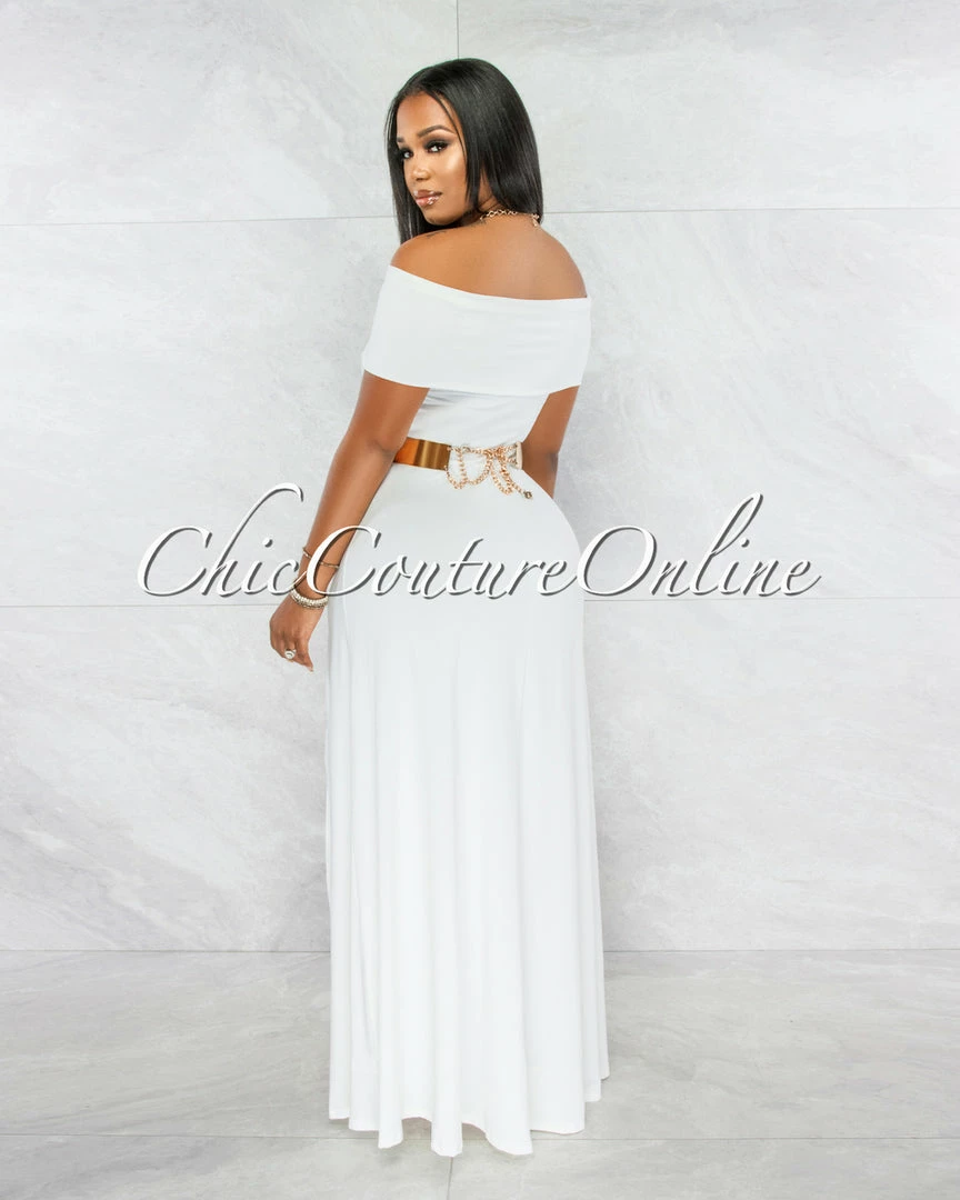 Vendor-unknown Brielle Off-White Off-The Shoulder Side Slit Maxi Dress