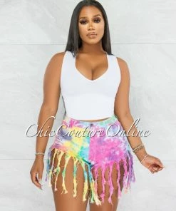 Vendor-unknown JUST IN Dolly Cotton Candy Tie-Dye Distressed Fringe Denim Shorts