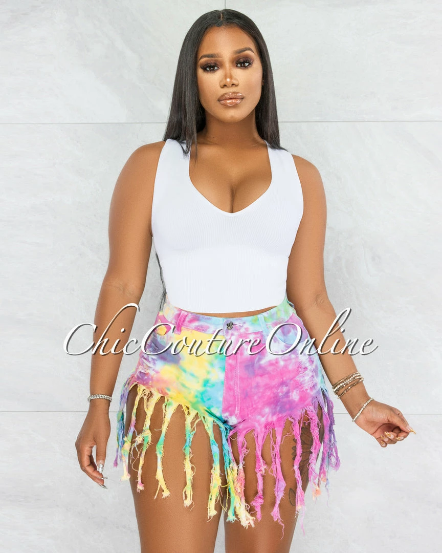 Vendor-unknown JUST IN Dolly Cotton Candy Tie-Dye Distressed Fringe Denim Shorts