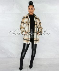 Vendor-unknown Badar Beige Black Plaid Short Coat CLOTHING