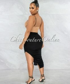 Vendor-unknown Tanny Black Nude Mesh Ruched Two-Tone Midi Dress