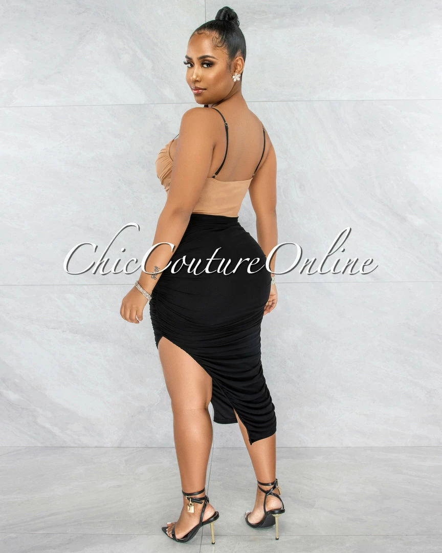 Vendor-unknown Tanny Black Nude Mesh Ruched Two-Tone Midi Dress