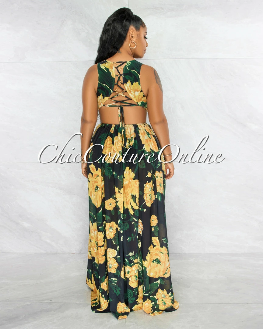 Vendor-unknown Jomey Black Yellow Print Back Lace-Up Maxi Ruffle Dress JUST IN