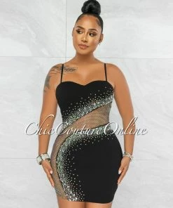 Vendor-unknown Toraya Black Fishnet Accent Rhinestones Dress