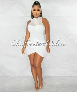 Chic Couture Online JUST IN Cahira Off-White Mesh Neckline Ruched Hem Ultra Mini Dress