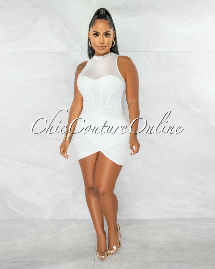 Chic Couture Online JUST IN Cahira Off-White Mesh Neckline Ruched Hem Ultra Mini Dress