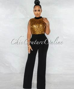 Vendor-unknown Medini Moroccan Gold Sequin Top Black Bottom Jumpsuit