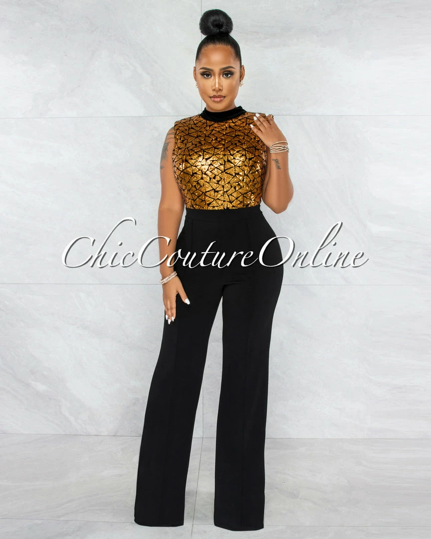 Vendor-unknown Medini Moroccan Gold Sequin Top Black Bottom Jumpsuit
