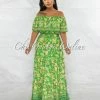 Vendor-unknown JUST IN Rudella Green Yellow Print Off-The Shoulder Ruffle Maxi Dress