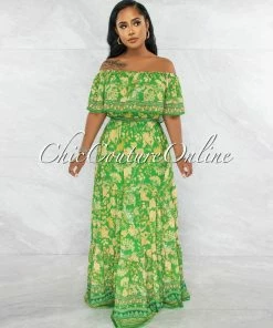 Vendor-unknown JUST IN Rudella Green Yellow Print Off-The Shoulder Ruffle Maxi Dress