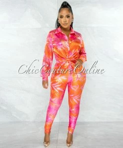 Chic Couture Online JUST IN Dabney Orange Palm Print Satin Shirt & Leggings Set