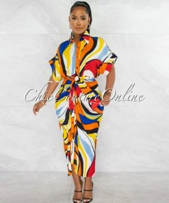 Chic Couture Online Angelie Multi-Color Print Draped Front Tie Shirt Maxi Dress JUST IN