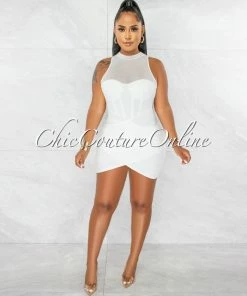 Chic Couture Online JUST IN Cahira Off-White Mesh Neckline Ruched Hem Ultra Mini Dress