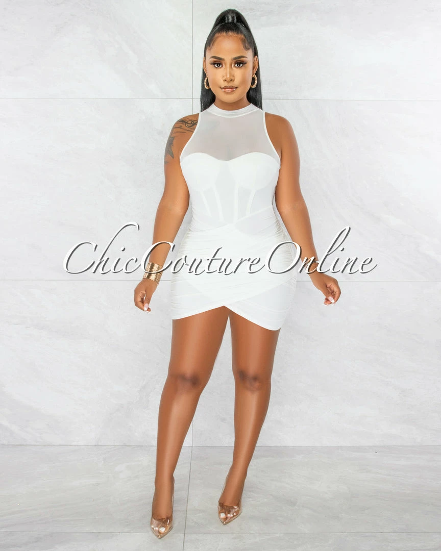 Chic Couture Online JUST IN Cahira Off-White Mesh Neckline Ruched Hem Ultra Mini Dress