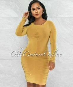 Vendor-unknown Darlene Mustard Drape Long Sleeves Double Lined Dress