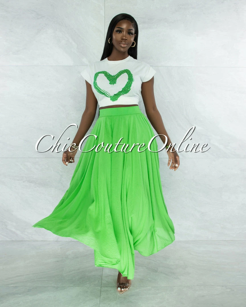 Vendor-unknown Dondra Kelly Green Flutter Wide Maxi Skirt