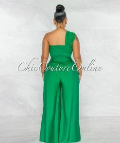 Chic Couture Online Paris Emerald Green Knotted Crop Top & Wide Pants Set