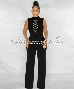 Chic Couture Online JUST IN Brandy Black Gold Link Lace-Up Jumpsuit