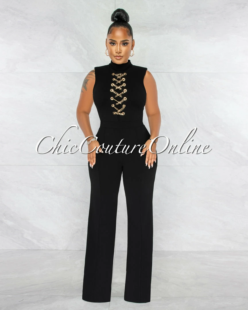 Chic Couture Online JUST IN Brandy Black Gold Link Lace-Up Jumpsuit