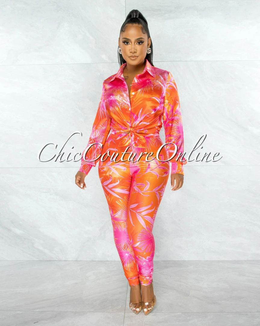 Chic Couture Online JUST IN Dabney Orange Palm Print Satin Shirt & Leggings Set