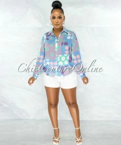 Chic Couture Online Prosa Baby Blue Print Buttoned Long Sleeves Shirt