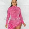 Chic Couture Online Rhesa Bubblegum Pink Rhinestones Pearls & Feathers Mesh Mini Dress JUST IN