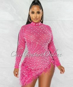 Chic Couture Online Rhesa Bubblegum Pink Rhinestones Pearls & Feathers Mesh Mini Dress JUST IN
