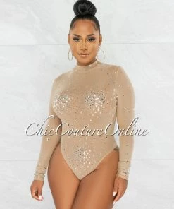 Chic Couture Online JUST IN Moore Nude Silver Mesh Rhinestones Bodysuit
