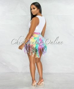Vendor-unknown JUST IN Dolly Cotton Candy Tie-Dye Distressed Fringe Denim Shorts
