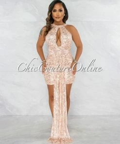 Vendor-unknown Guru Nude Rose Gold Sequins Double Tail Mini Dress JUST IN